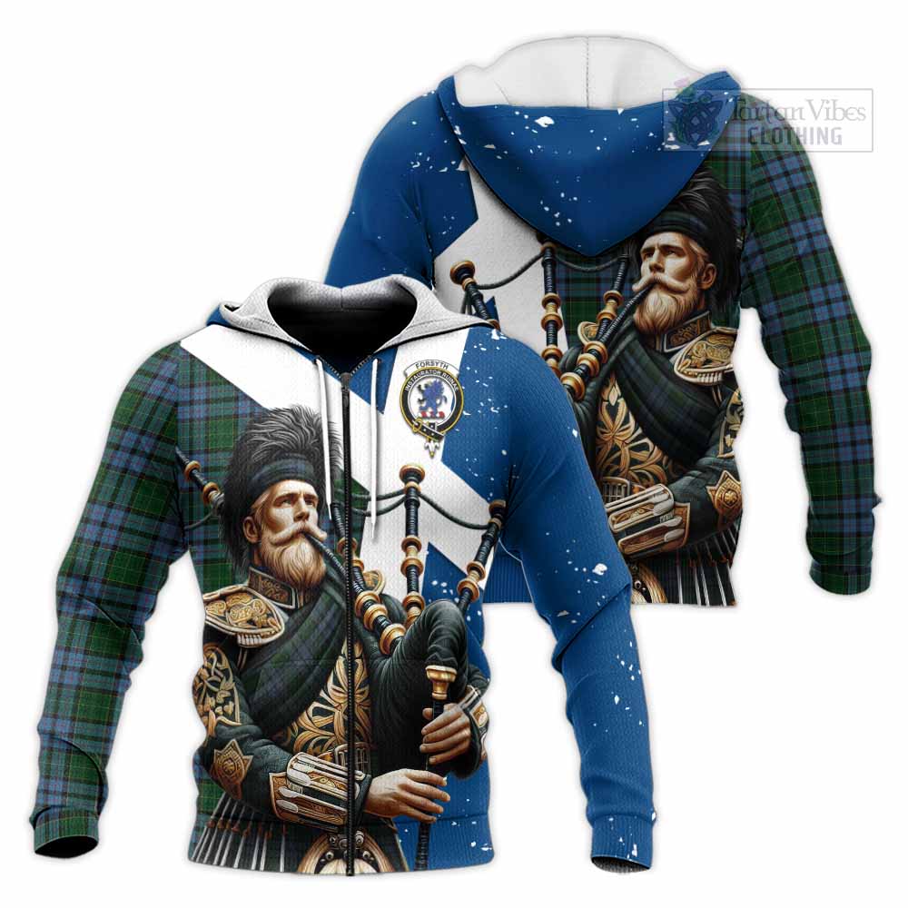 Forsyth Tartan Knitted Hoodie with Family Crest Scottish Bagpiper Vibes Unisex Knitted Zip Hoodie - Tartan Vibes Clothing