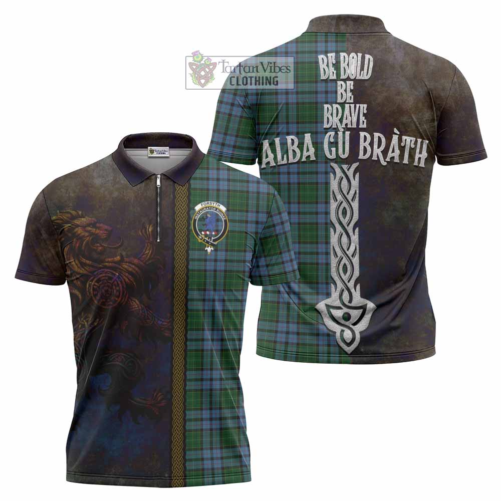 Tartan Vibes Clothing Forsyth Tartan Family Crest Zipper Polo Shirt Alba Gu Brath Be Brave Lion Ancient Style