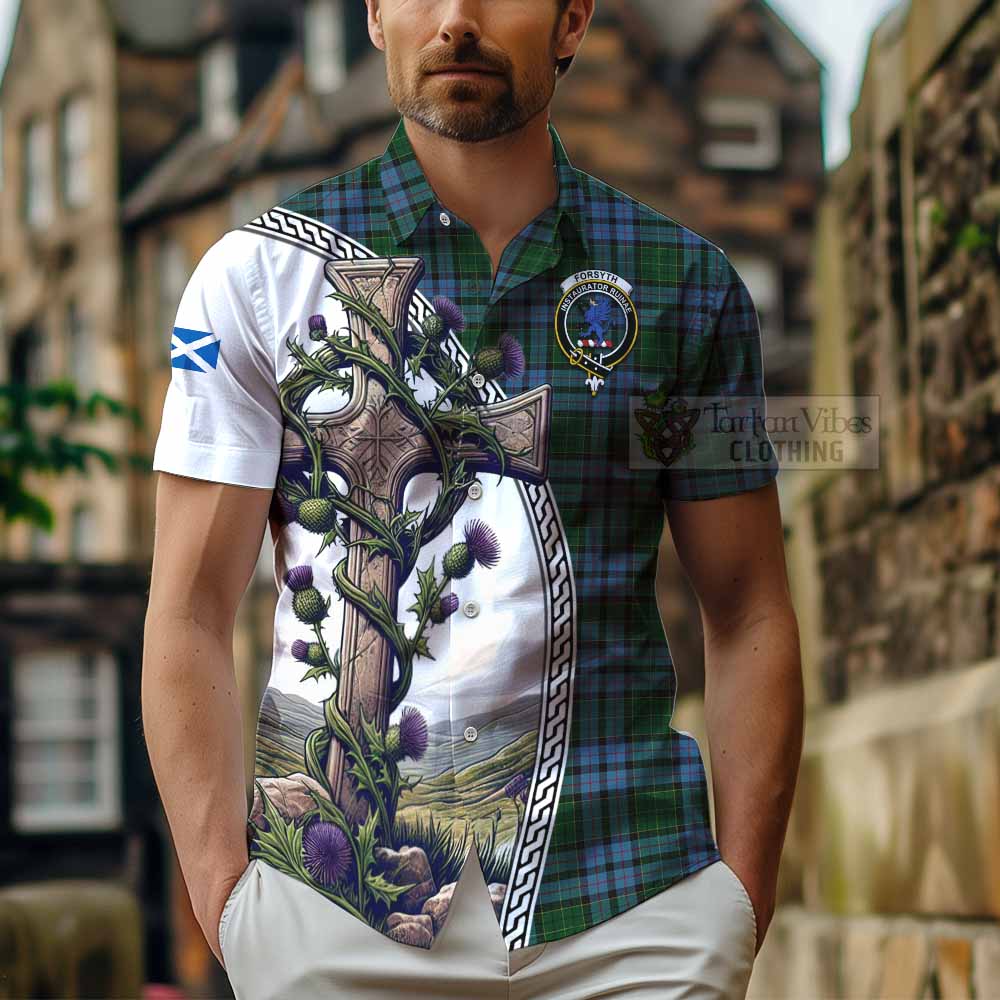 Forsyth Tartan Hawaiian Shirt with Family Crest and St. Andrew's Cross Accented by Thistle Vines - Tartan Vibes Clothing