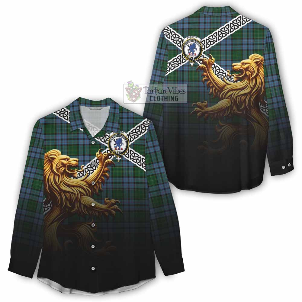 Forsyth Crest Tartan Women's Casual Shirt with Golden Lion Emblem Celtic Style - Tartan Vibes Clothing