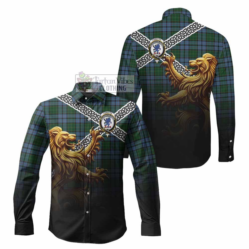 Tartan Vibes Clothing Forsyth Crest Tartan Long Sleeve Button Shirt with Golden Lion Emblem Celtic Style