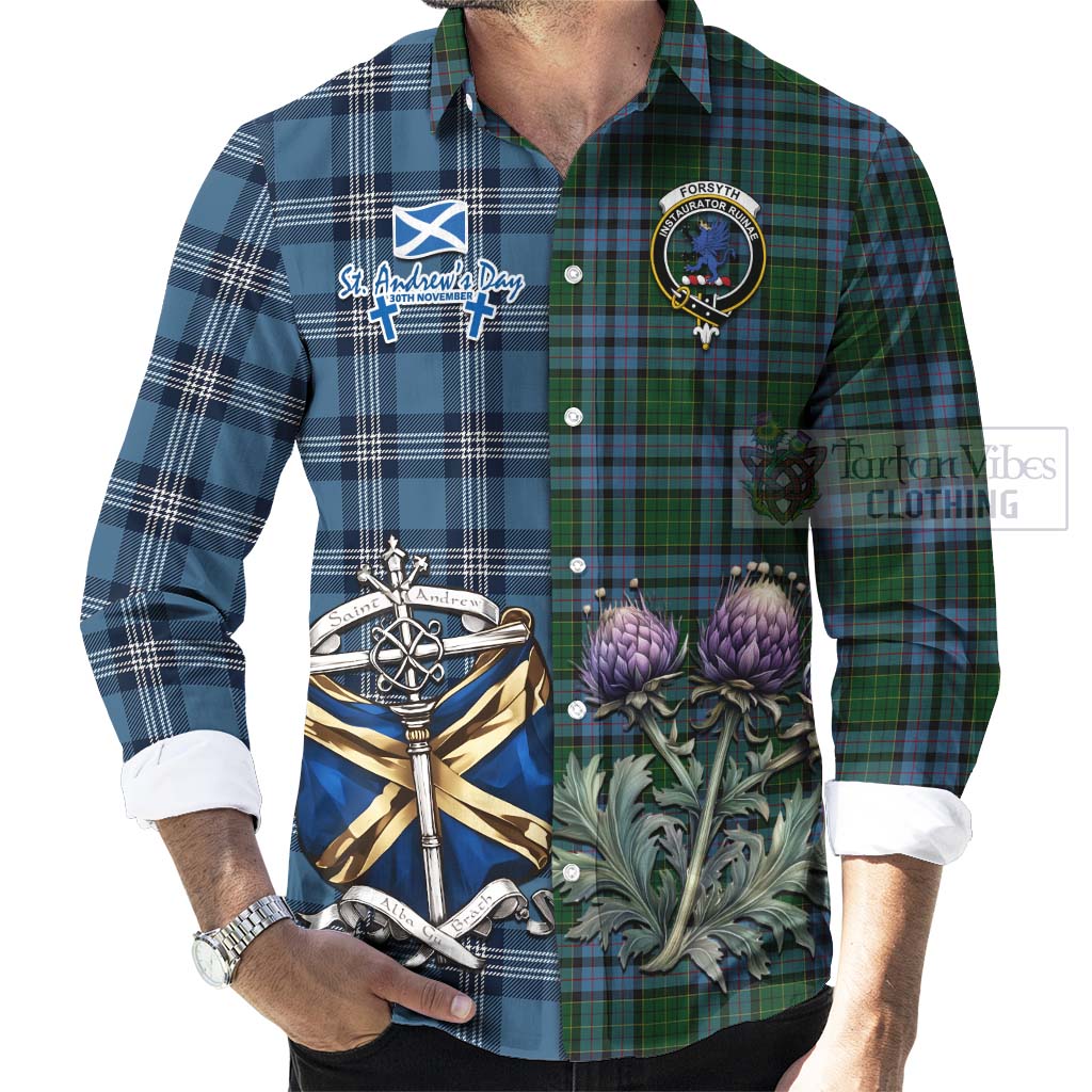 Forsyth Tartan Long Sleeve Button Shirt Happy St. Andrew's Day Half Tartan Style - Tartan Vibes Clothing