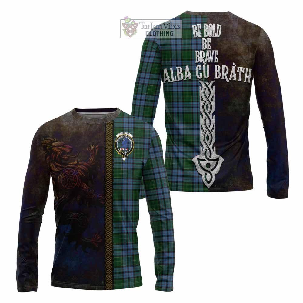 Tartan Vibes Clothing Forsyth Tartan Family Crest Long Sleeve T-Shirt Alba Gu Brath Be Brave Lion Ancient Style