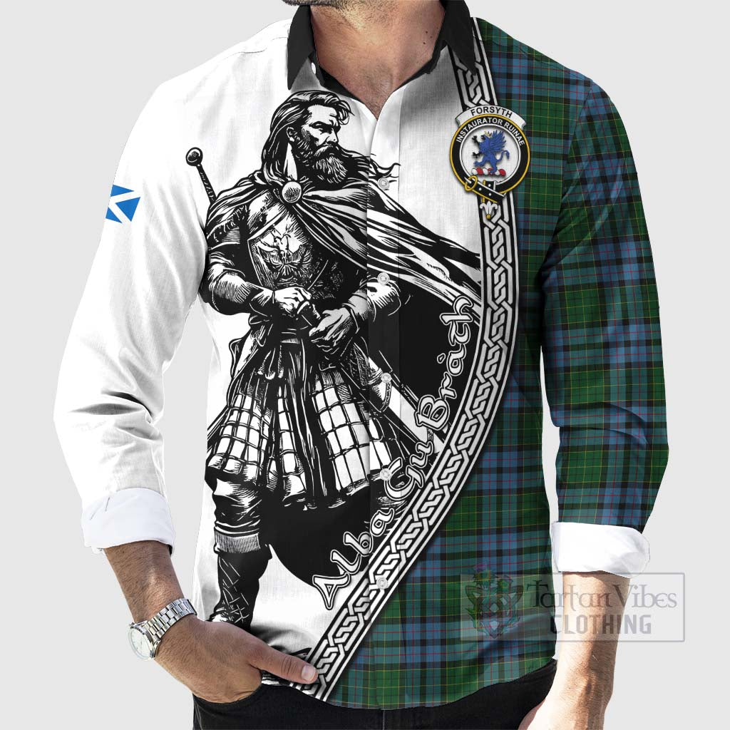 Forsyth Tartan Clan Crest Long Sleeve Button Shirt with Highlander Warrior Celtic Style - Tartan Vibes Clothing