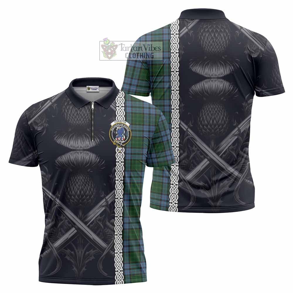 Tartan Vibes Clothing Forsyth Tartan Zipper Polo Shirt with Family Crest Cross Sword Thistle Celtic Vibes