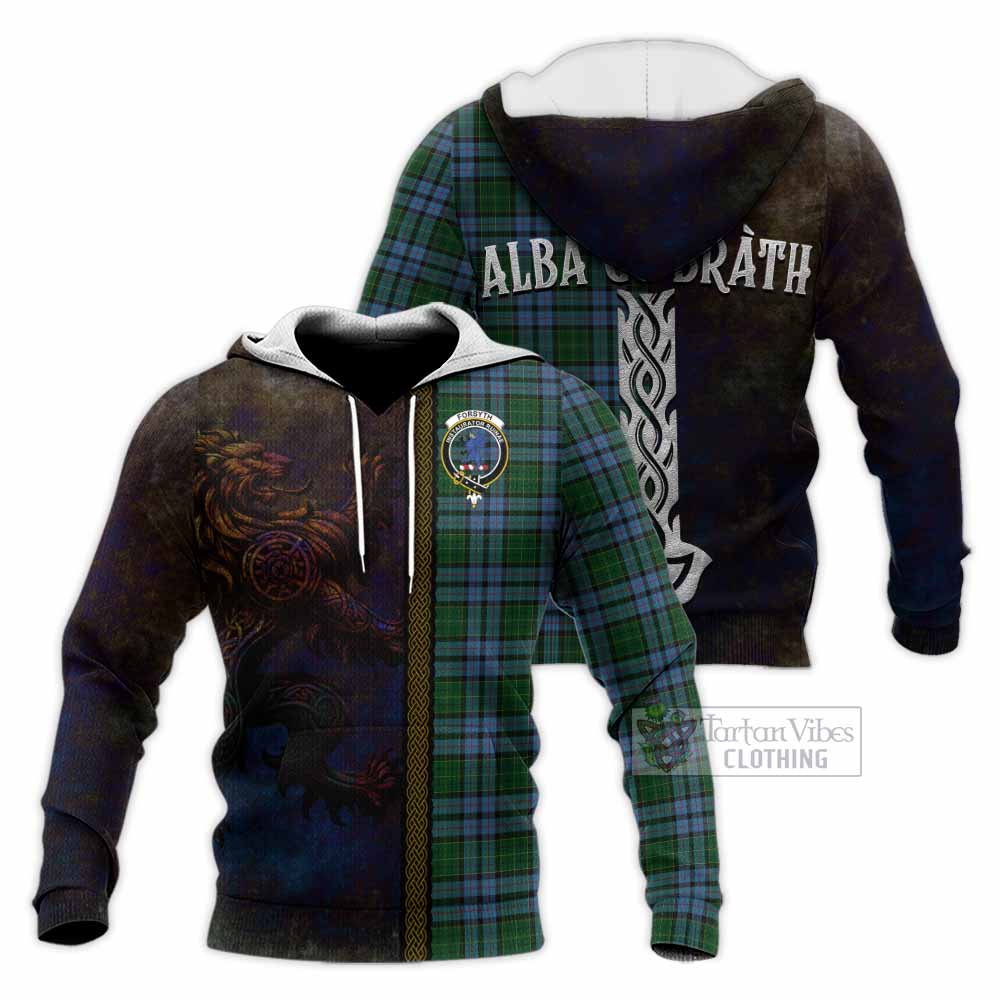 Tartan Vibes Clothing Forsyth Tartan Family Crest Knitted Hoodie Alba Gu Brath Be Brave Lion Ancient Style