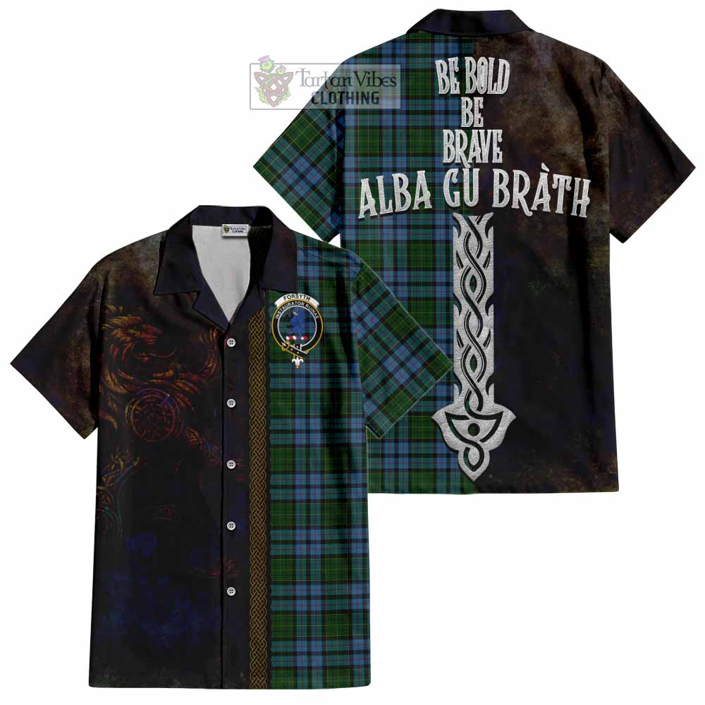 Tartan Vibes Clothing Forsyth Tartan Family Crest Short Sleeve Button Shirt Alba Gu Brath Be Brave Lion Ancient Style