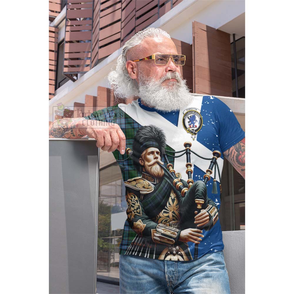 Forsyth Tartan Cotton T-shirt with Family Crest Scottish Bagpiper Vibes - Tartan Vibes Clothing