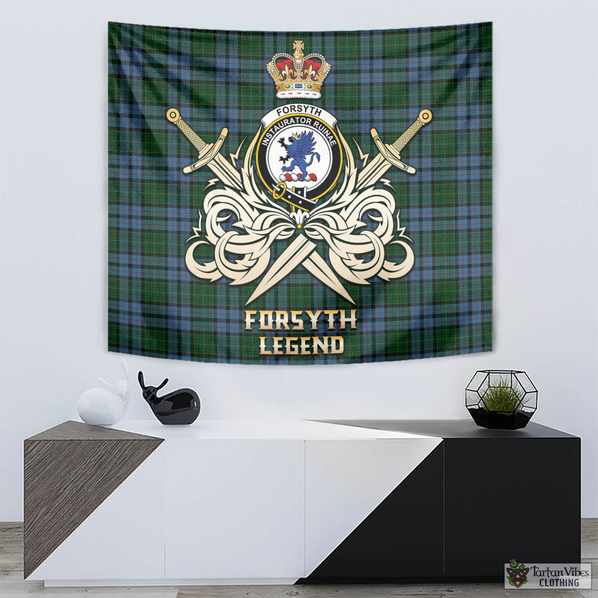 Forsyth Tartan Tapestry with Clan Crest and the Golden Sword of Courageous Legacy - Tartan Vibes Clothing