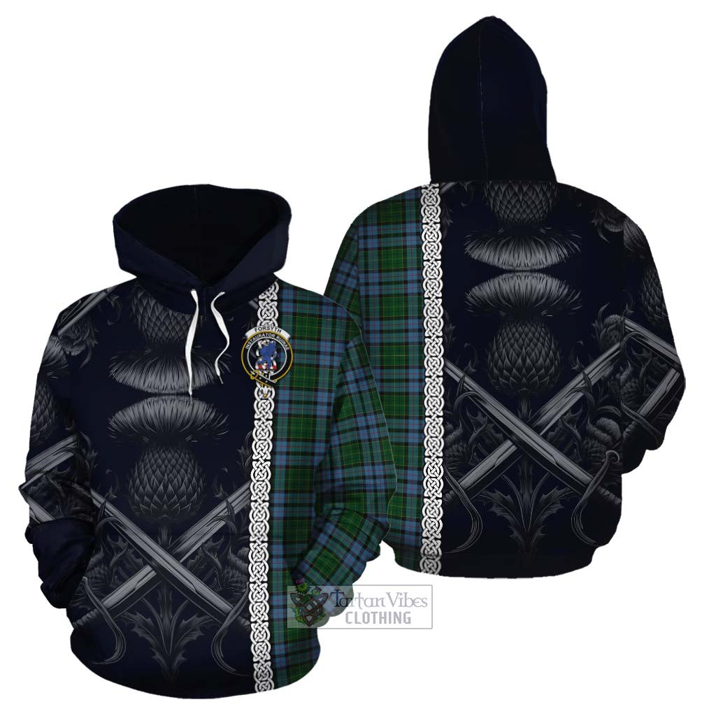Forsyth Tartan Cotton Hoodie with Family Crest Cross Sword Thistle Celtic Vibes - Tartan Vibes Clothing