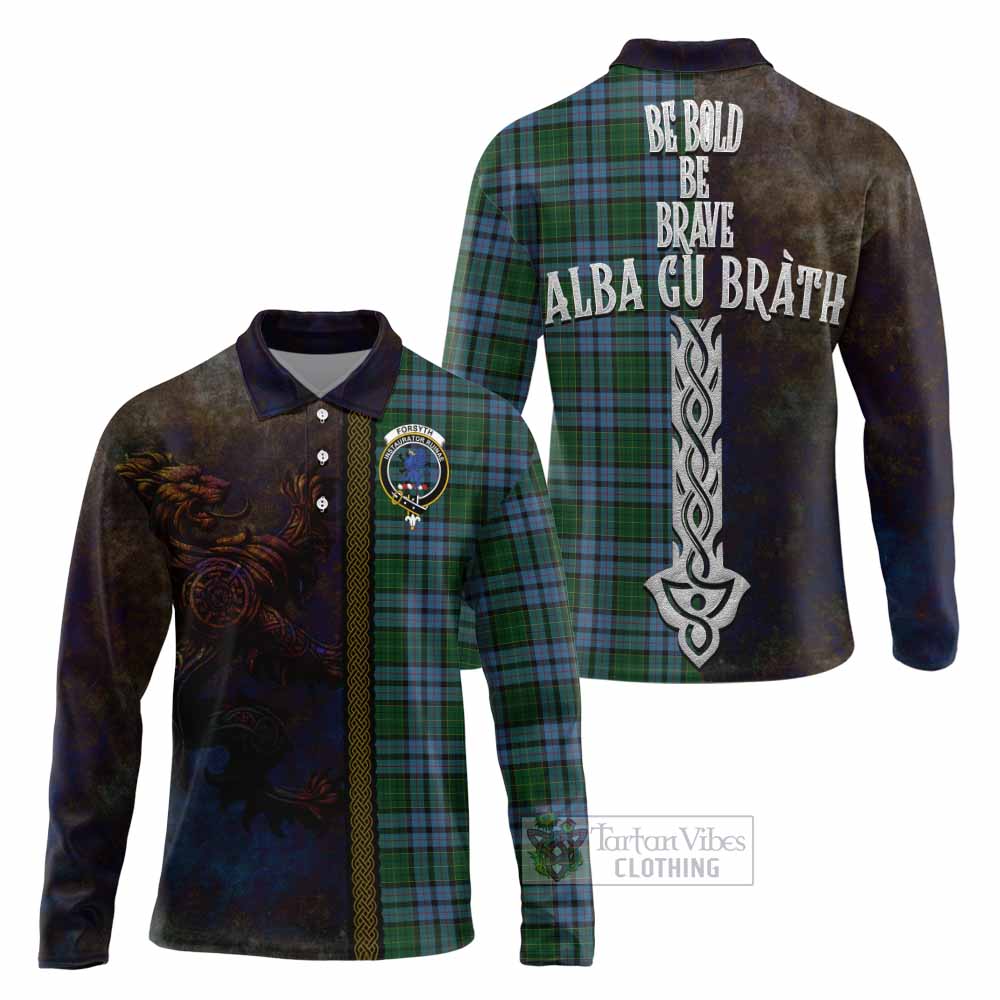 Tartan Vibes Clothing Forsyth Tartan Family Crest Long Sleeve Polo Shirt Alba Gu Brath Be Brave Lion Ancient Style