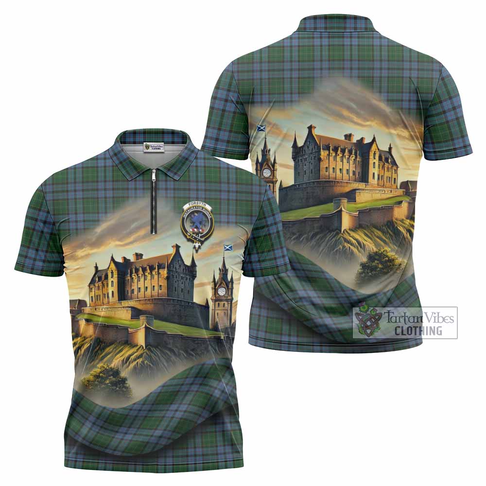 Forsyth Tartan Family Crest Zipper Polo Shirt with Scottish Ancient Castle Style - Tartan Vibes Clothing