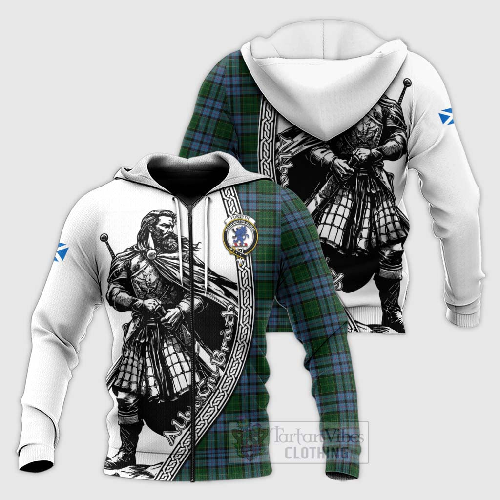 Forsyth Tartan Clan Crest Knitted Hoodie with Highlander Warrior Celtic Style Unisex Knitted Zip Hoodie - Tartan Vibes Clothing