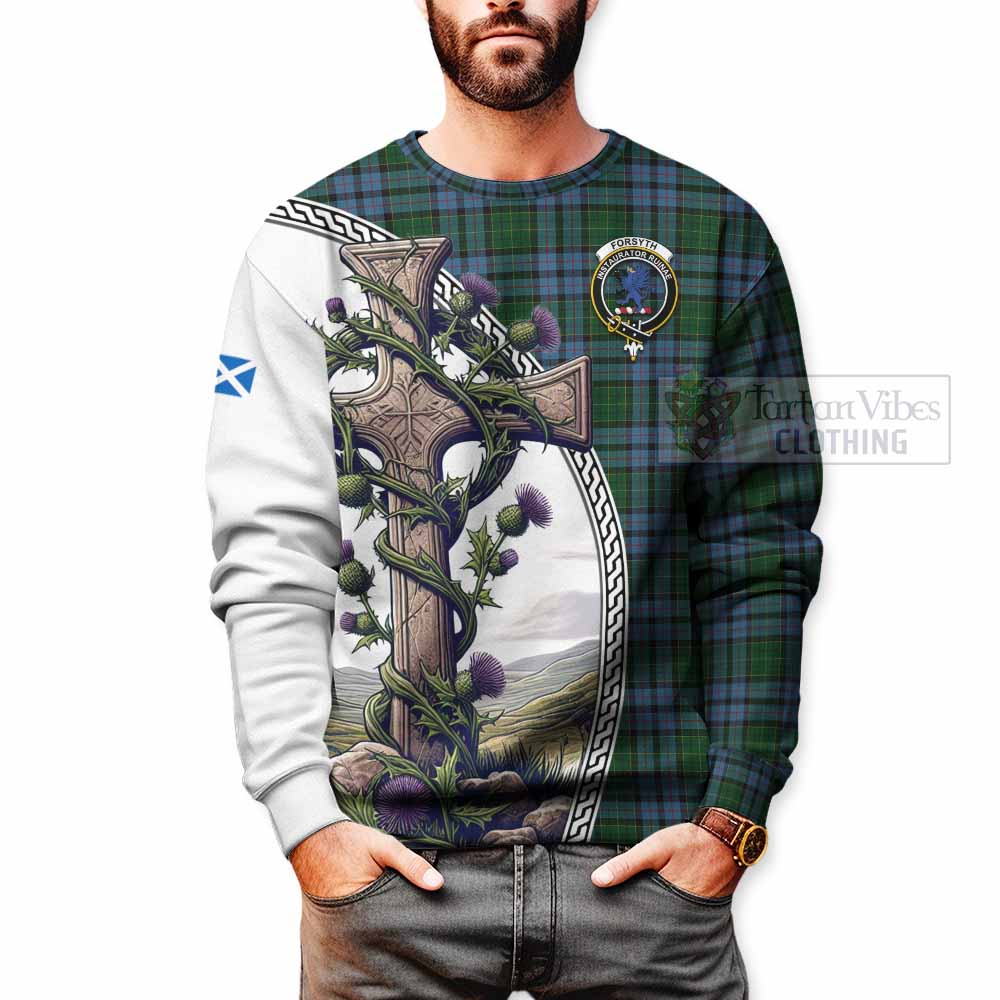 Forsyth Tartan Sweatshirt with Family Crest and St. Andrew's Cross Accented by Thistle Vines - Tartan Vibes Clothing