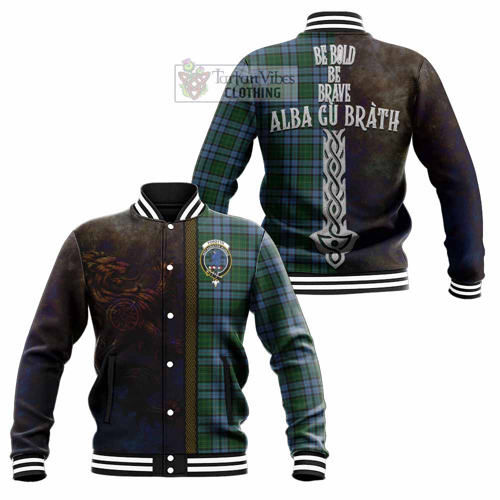 Tartan Vibes Clothing Forsyth Tartan Family Crest Baseball Jacket Alba Gu Brath Be Brave Lion Ancient Style