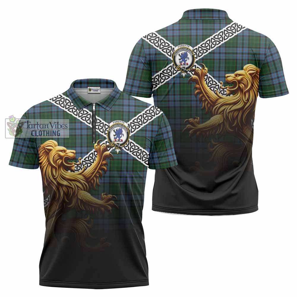 Forsyth Crest Tartan Zipper Polo Shirt with Golden Lion Emblem Celtic Style - Tartan Vibes Clothing
