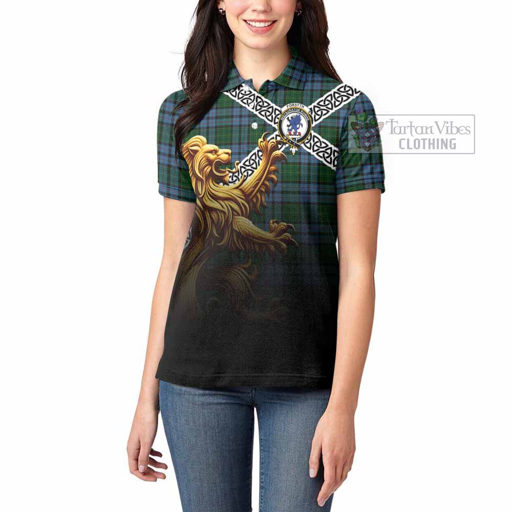 Forsyth Crest Tartan Women's Polo Shirt with Golden Lion Emblem Celtic Style - Tartan Vibes Clothing
