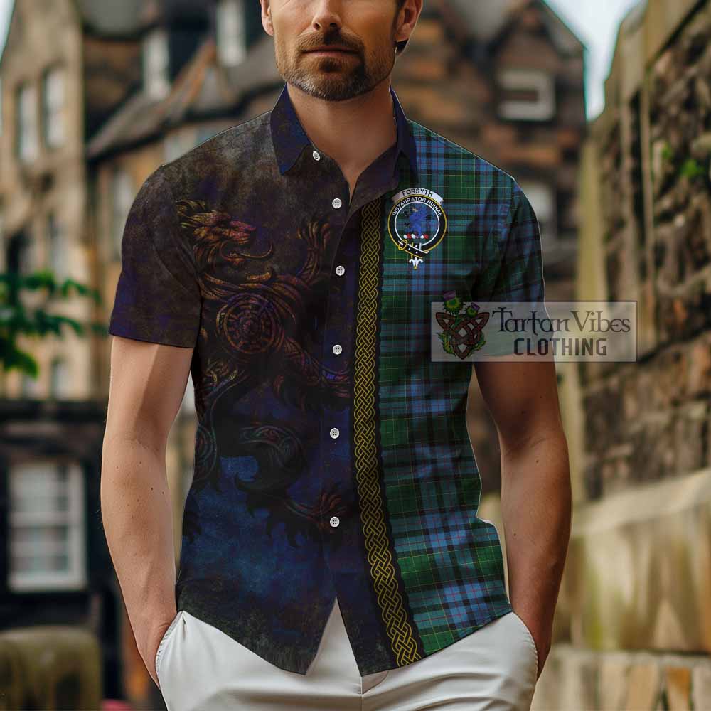 Tartan Vibes Clothing Forsyth Tartan Family Crest Short Sleeve Button Shirt Alba Gu Brath Be Brave Lion Ancient Style
