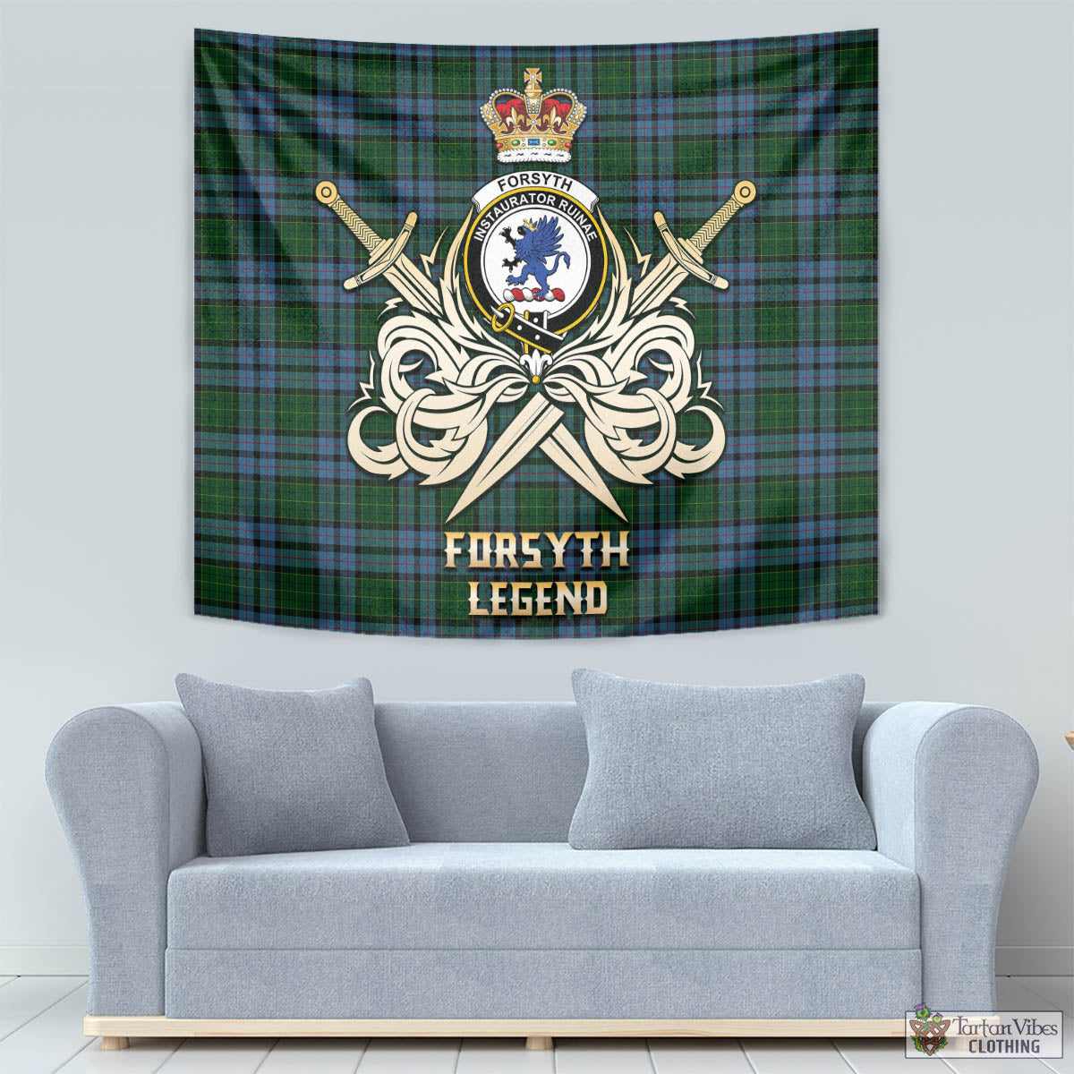 Forsyth Tartan Tapestry with Clan Crest and the Golden Sword of Courageous Legacy - Tartan Vibes Clothing