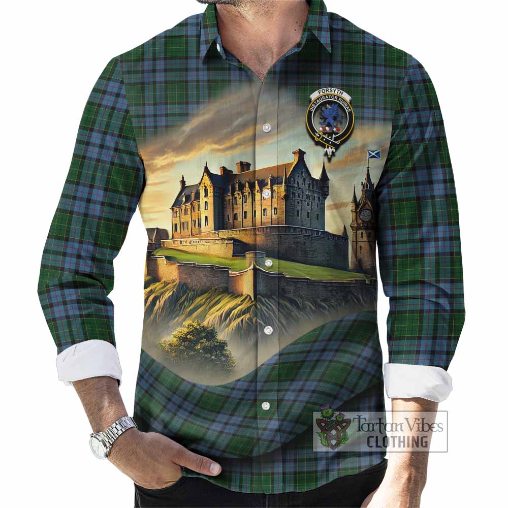Tartan Vibes Clothing Forsyth Tartan Family Crest Long Sleeve Button Shirt with Scottish Ancient Castle Style