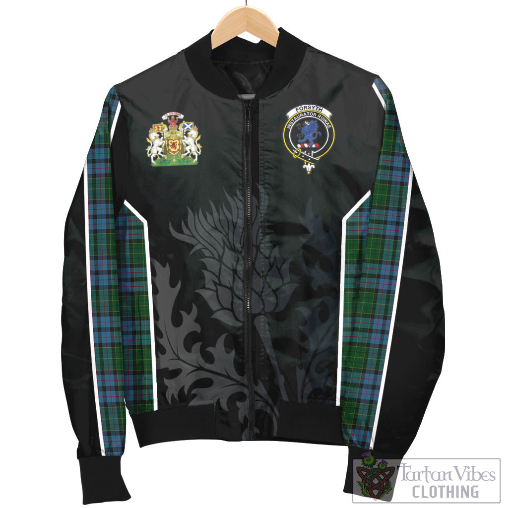 Tartan Vibes Clothing Forsyth Tartan Bomber Jacket with Family Crest and Scottish Thistle Vibes Sport Style