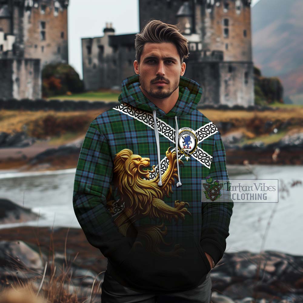 Tartan Vibes Clothing Forsyth Crest Tartan Cotton Hoodie with Golden Lion Emblem Celtic Style