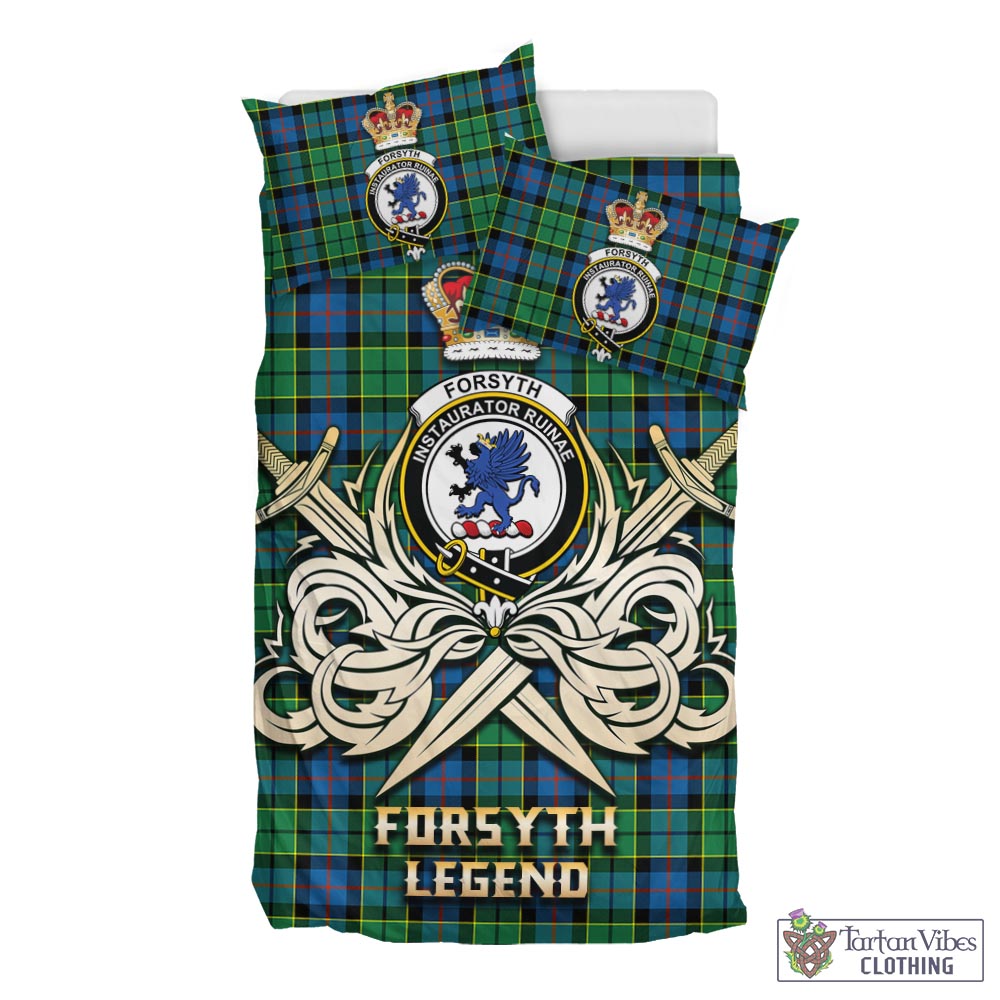 Tartan Vibes Clothing Forsyth Ancient Tartan Bedding Set with Clan Crest and the Golden Sword of Courageous Legacy