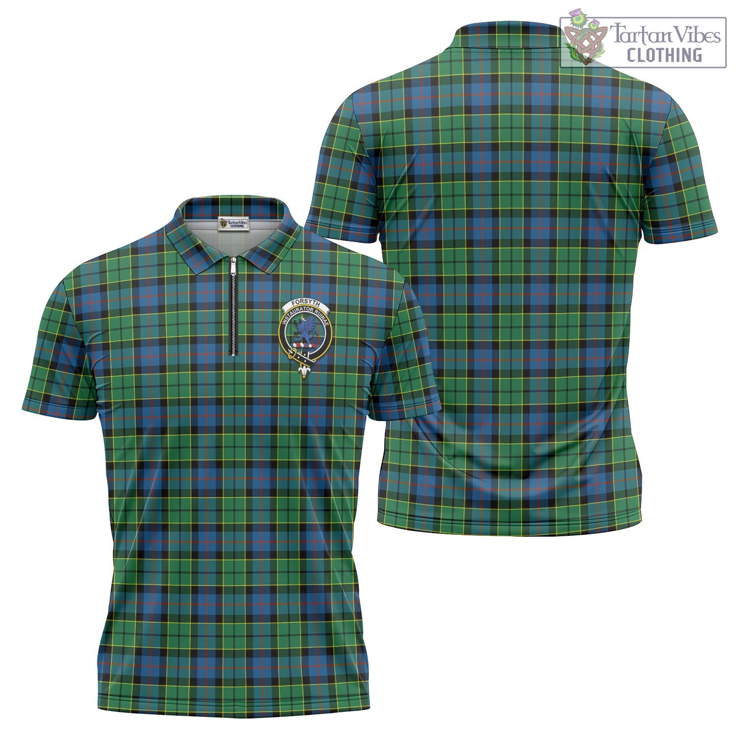 Tartan Vibes Clothing Forsyth Ancient Tartan Zipper Polo Shirt with Family Crest