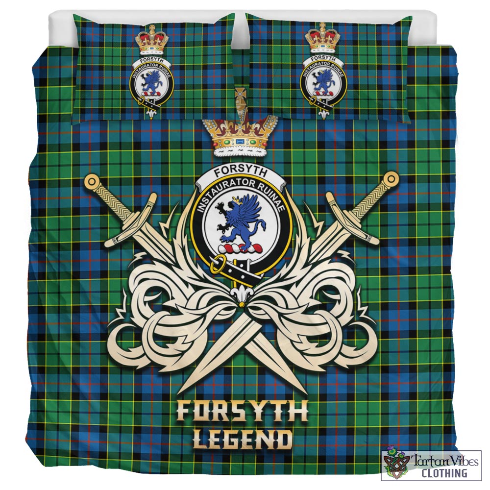 Tartan Vibes Clothing Forsyth Ancient Tartan Bedding Set with Clan Crest and the Golden Sword of Courageous Legacy