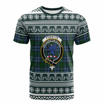 Forsyth Clan Tartan Christmas Cotton T-shirt with Family Crest