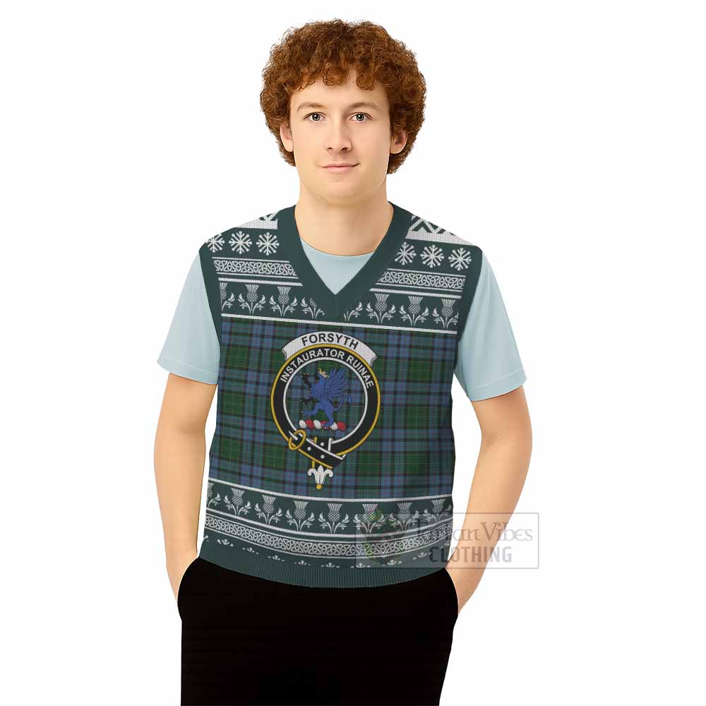 Forsyth Clan Tartan Christmas Knitted V-Neck Vest with Family Crest - Tartan Vibes Clothing