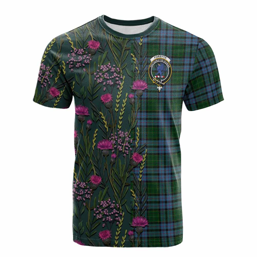 Forsyth Family Crest Tartan Cotton T-shirt Scottish Thistle Flower Pattern Half Style - Tartan Vibes Clothing