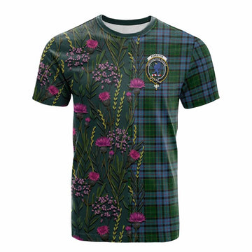 Forsyth Family Crest Tartan Cotton T-shirt Scottish Thistle Flower Pattern Half Style