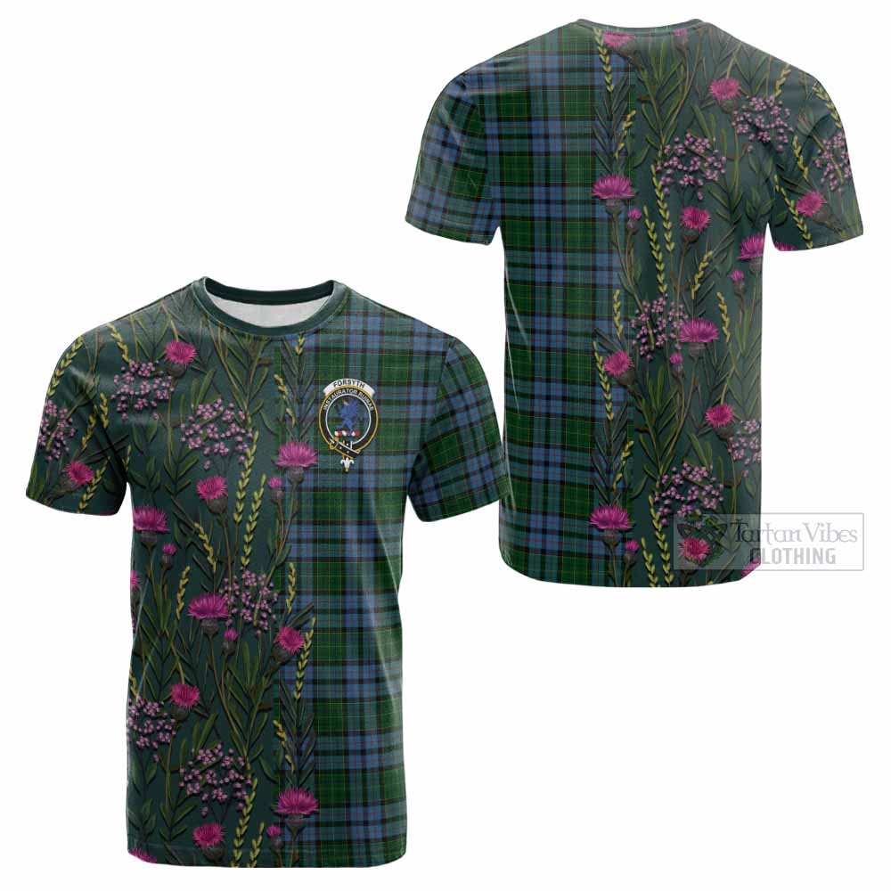 Forsyth Family Crest Tartan Cotton T-shirt Scottish Thistle Flower Pattern Half Style - Tartan Vibes Clothing