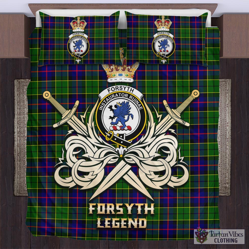 Tartan Vibes Clothing Forsyth Modern Tartan Bedding Set with Clan Crest and the Golden Sword of Courageous Legacy