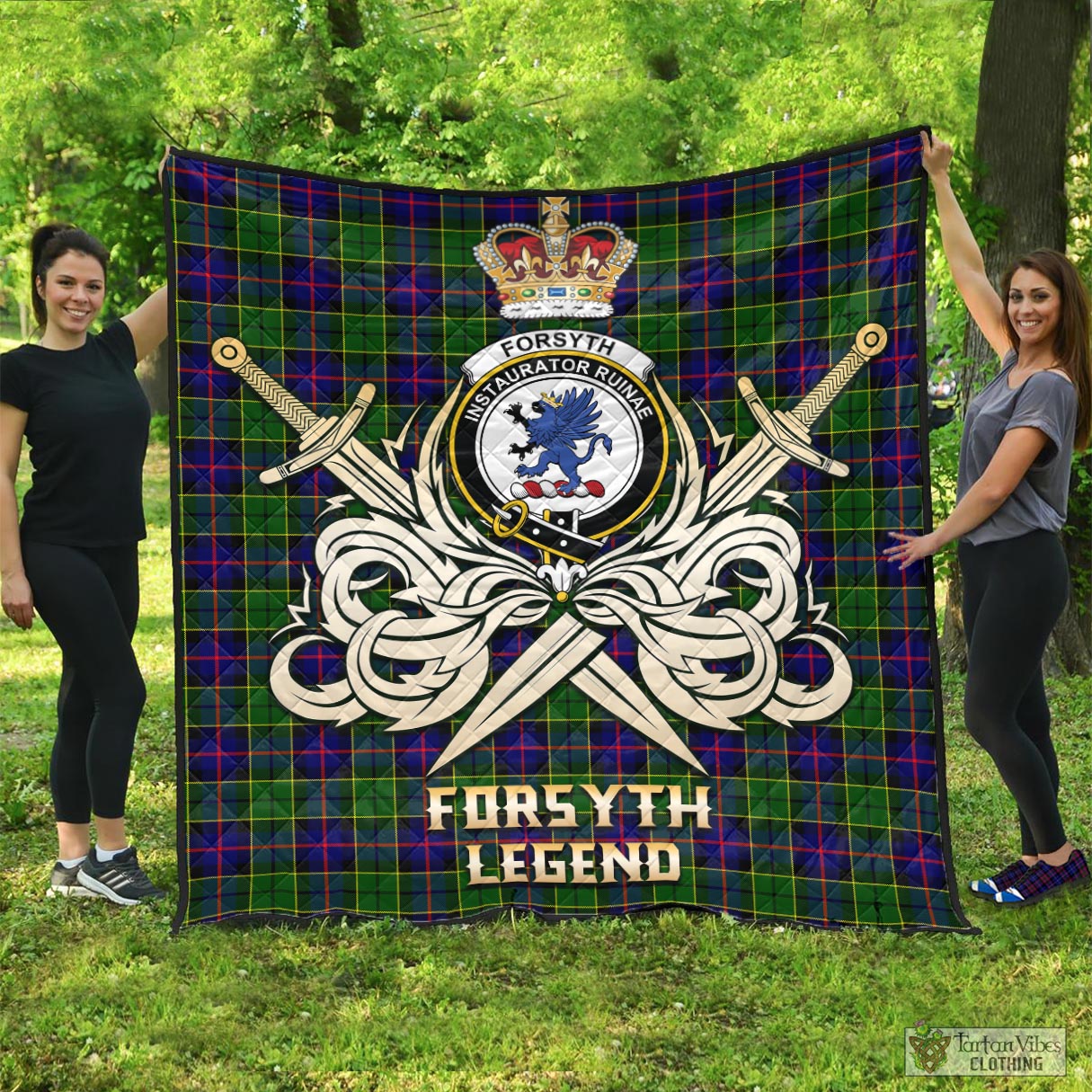 Tartan Vibes Clothing Forsyth Modern Tartan Quilt with Clan Crest and the Golden Sword of Courageous Legacy