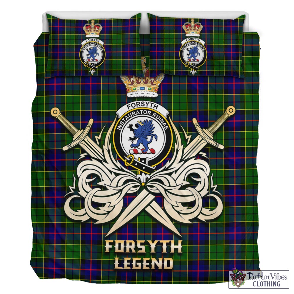Tartan Vibes Clothing Forsyth Modern Tartan Bedding Set with Clan Crest and the Golden Sword of Courageous Legacy