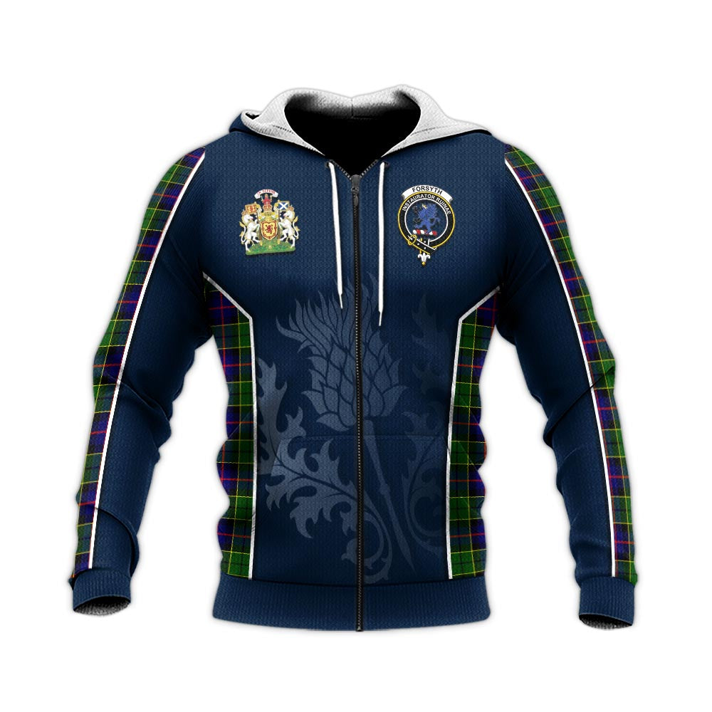 Tartan Vibes Clothing Forsyth Modern Tartan Knitted Hoodie with Family Crest and Scottish Thistle Vibes Sport Style