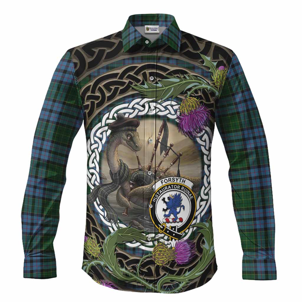 Forsyth Tartan Crest Bagpipe Nessie Long Sleeve Button Shirts Scottish Loch Ness Monster Celtic Thistle