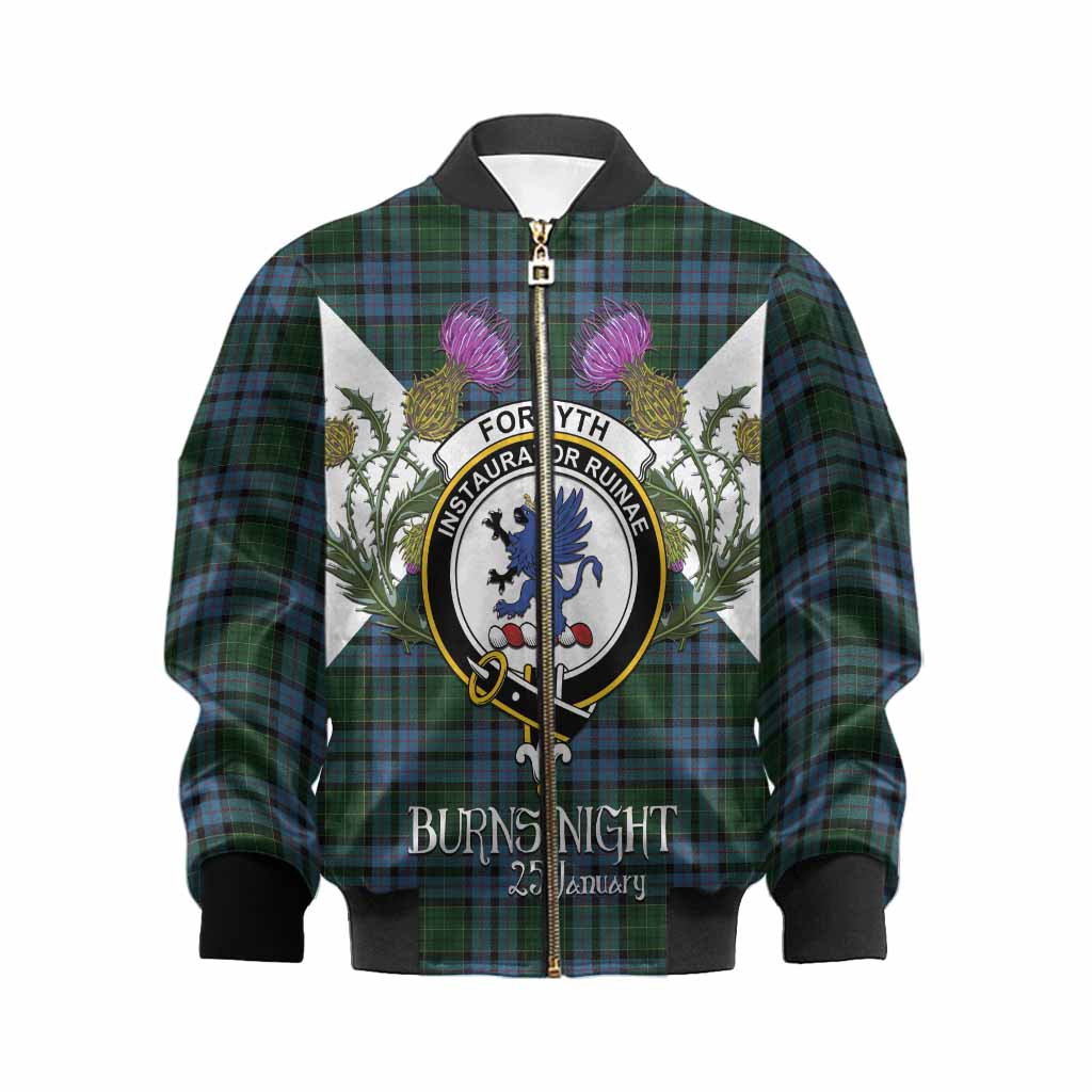 Forsyth Tartan Family Crest Kid Bomber Jacket Scottish Burns Night Thistle Floral