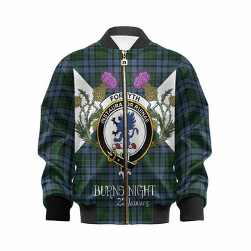 Forsyth Tartan Family Crest Kid Bomber Jacket Scottish Burns Night Thistle Floral