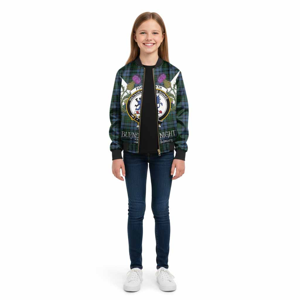 Forsyth Tartan Family Crest Kid Bomber Jacket Scottish Burns Night Thistle Floral