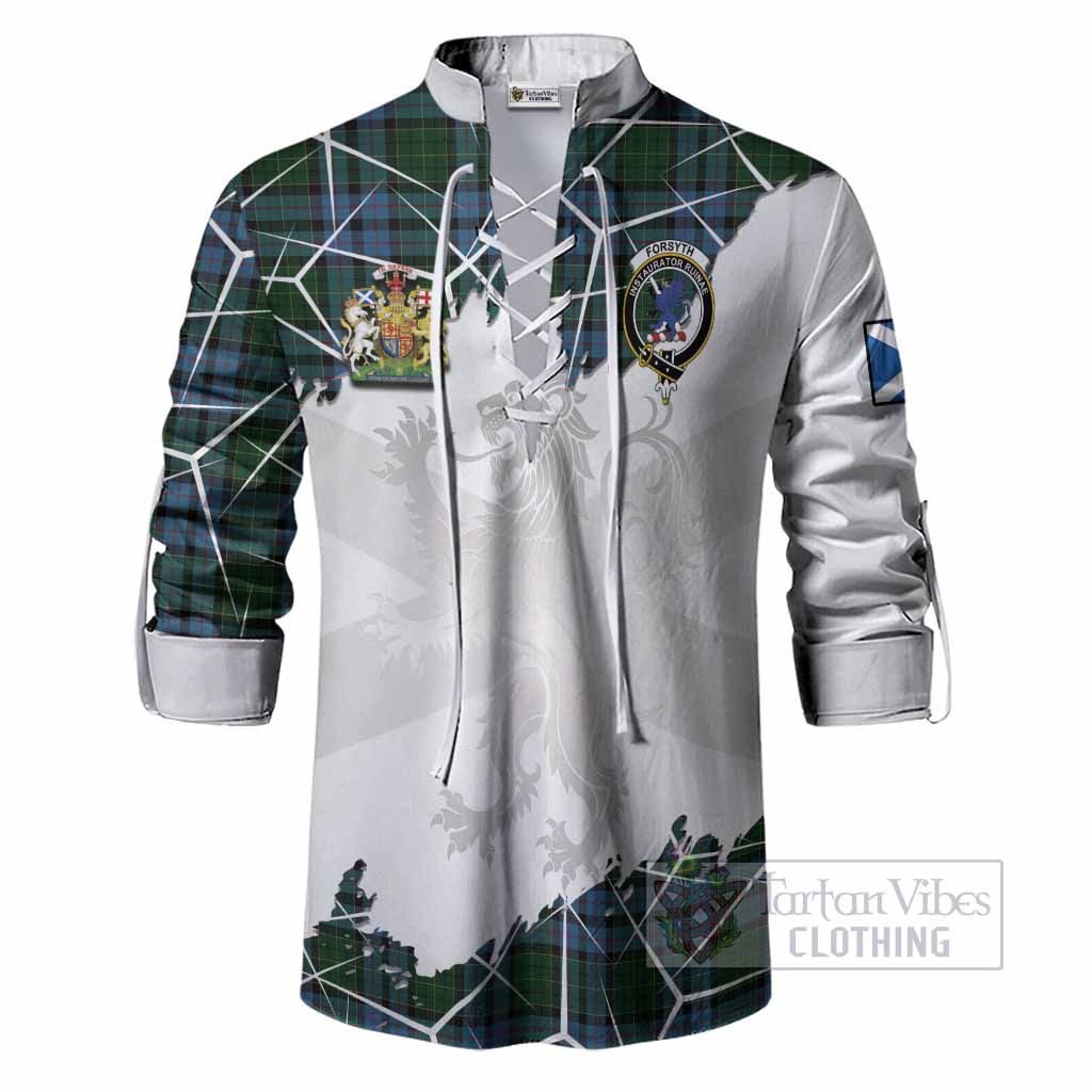 Forsyth Tartan Ghillie Shirt with Family Crest and Lion Rampant Grunge Style