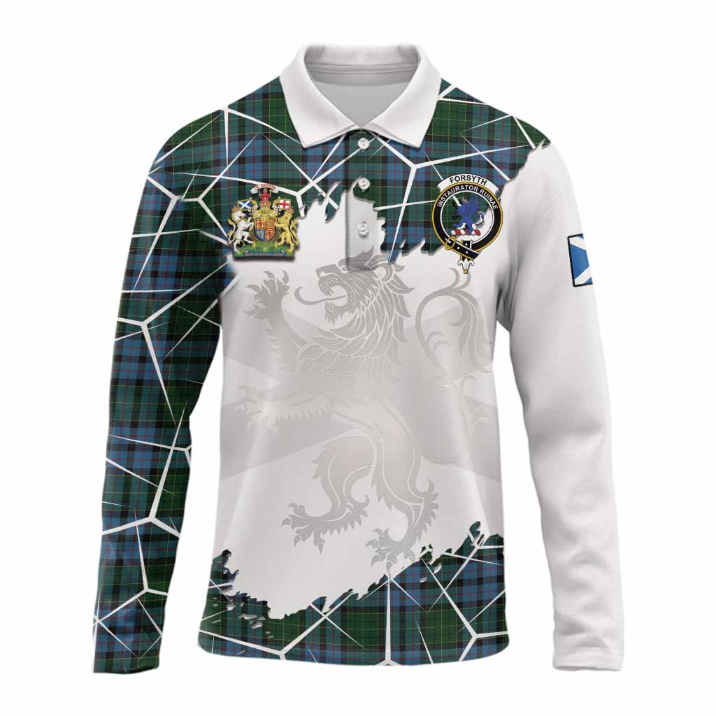 Forsyth Tartan Long Sleeve Polo Shirt with Family Crest and Lion Rampant Grunge Style