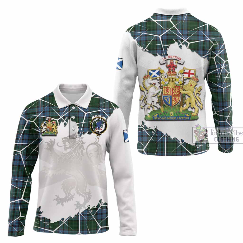 Forsyth Tartan Long Sleeve Polo Shirt with Family Crest and Lion Rampant Grunge Style