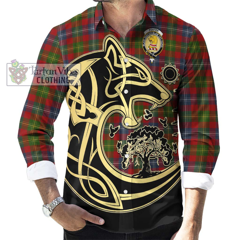 Foster Tartan Long Sleeve Button Shirt with Family Crest Celtic Wolf Style - Tartan Vibes Clothing