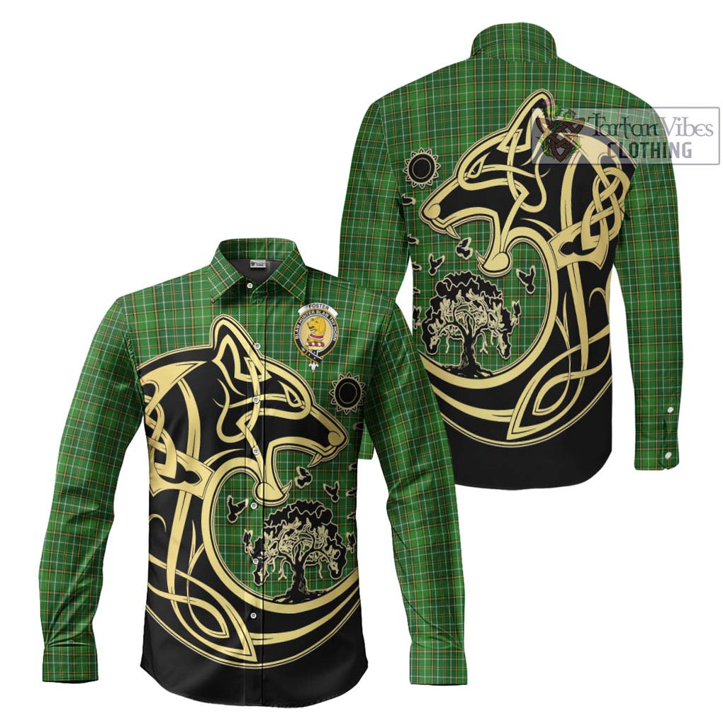 Foster Hunting Tartan Long Sleeve Button Shirt with Family Crest Celtic Wolf Style Men's Shirt S - Tartan Vibes Clothing