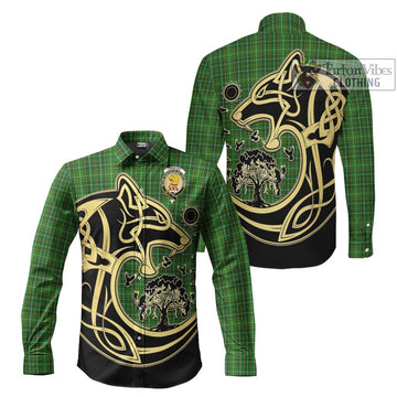 Foster Hunting Tartan Long Sleeve Button Shirt with Family Crest Celtic Wolf Style Men's Shirt S - Tartan Vibes Clothing