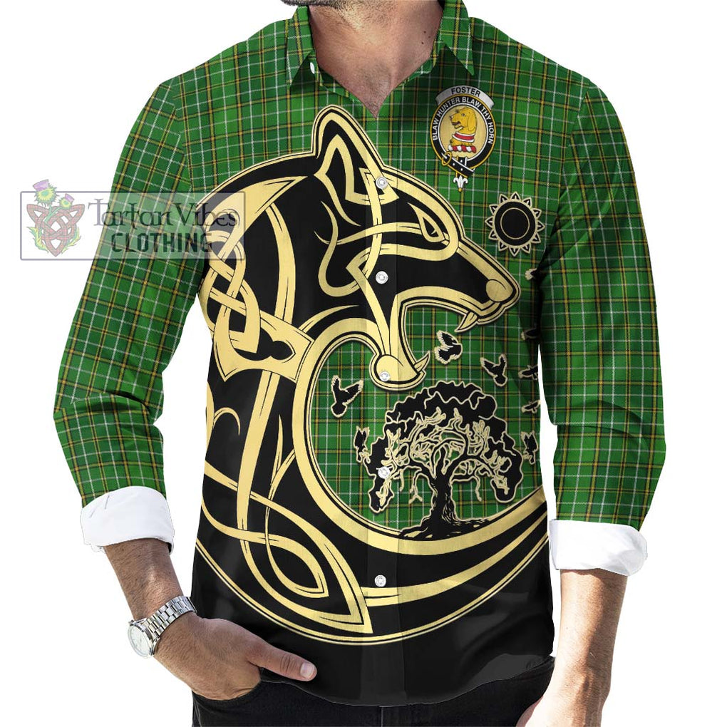Foster Hunting Tartan Long Sleeve Button Shirt with Family Crest Celtic Wolf Style - Tartan Vibes Clothing