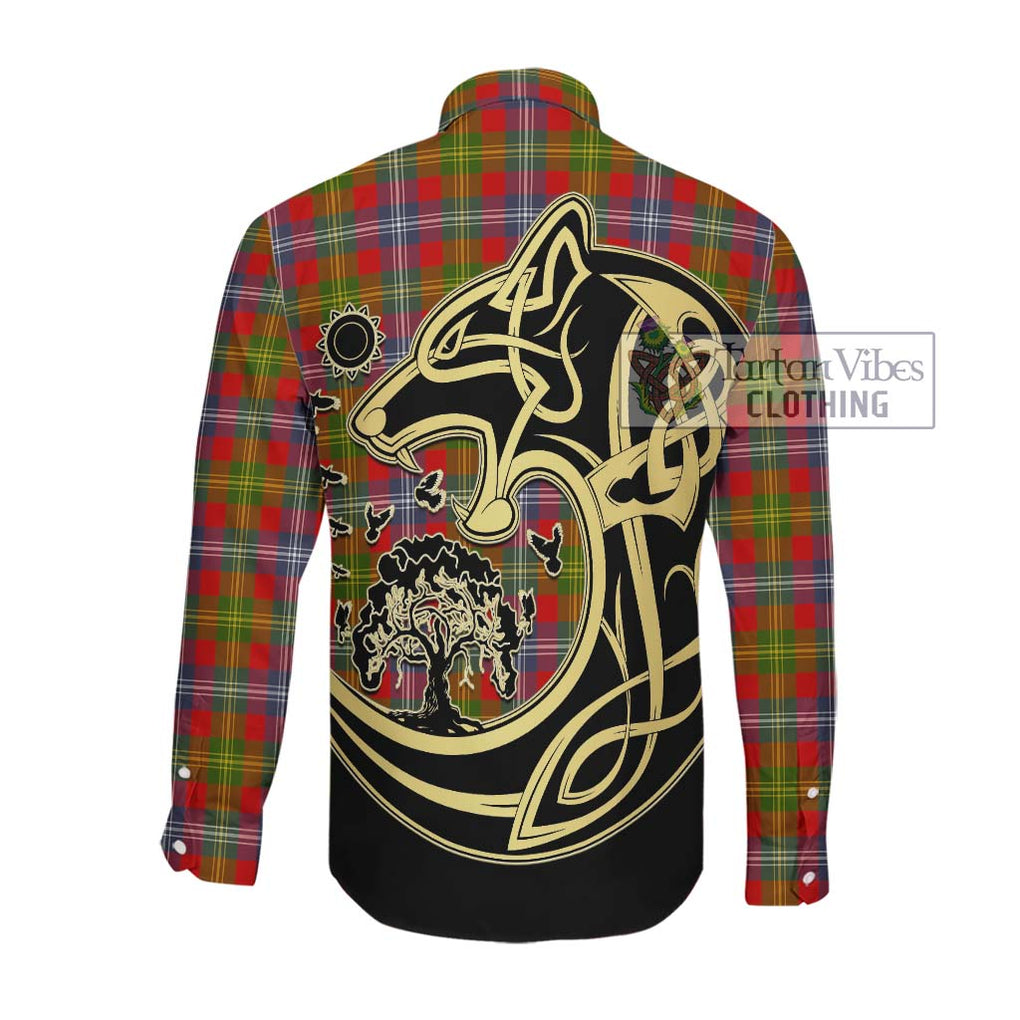 Foster Modern Tartan Long Sleeve Button Shirt with Family Crest Celtic Wolf Style Men's Shirt - Tartan Vibes Clothing